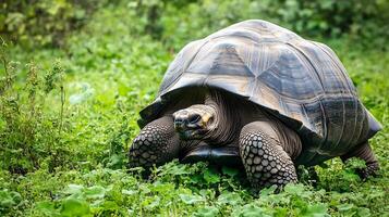 Giant Tortoise Chelonoidis nigra phylum Chordata class Reptilia order Testudines family Testudinidae grazing slowly lush Galpagos vegetation its ancient shell and serene demeanor symbolizing longevity photo