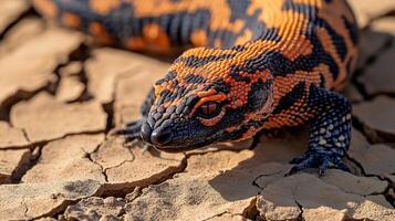 Gila Monster Heloderma suspectum phylum Chordata class Reptilia order Squamata family Helodermatidae crawling over cracked desert soil orange and black skin glowing under midday sun photo