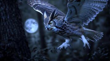 Great Horned Owl Bubo virginianus phylum Chordata class Aves order Strigiformes family Strigidae gliding silently through moonlit forest sharp talons extended and wings spread wide photo