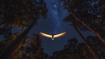 Greater Glider Petauroides volans phylum Chordata class Mammalia order Diprotodontia family Pseudocheiridae soaring between eucalyptus trees under starlit sky its wide membrane faintly glowing photo