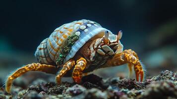 Hermit Crab Pagurus bernhardus phylum Arthropoda class Malacostraca order Decapoda family Paguridae moving across rocky shoreline its shell adorned with algae and coral fragments photo