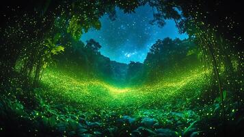 Glowing Fireflies Lampyridae phylum Arthropoda class Insecta order Coleoptera family Lampyridae illuminating jungle clearing under a canopy of stars their green light creating magic photo