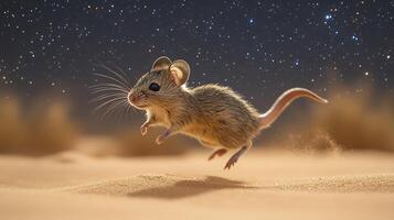 Kangaroo Rat Dipodomys deserti phylum Chordata class Mammalia order Rodentia family Heteromyidae leaping across sandy desert under a starry sky illuminated by soft moonlight photo