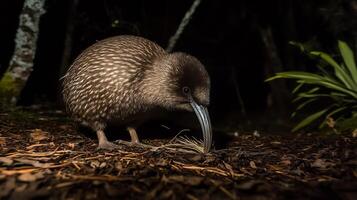 Kiwi Bird Apteryx mantelli phylum Chordata class Aves order Apterygiformes family Apterygidae foraging under moonlight New Zealand forests its long beak subtly illuminated by soft lighting photo