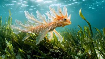 Leafy Sea Dragon Phycodurus eques phylum Chordata class Actinopterygii order Syngnathiformes family Syngnathidae camouflaged among seagrass delicate appendages swaying gently with the current photo