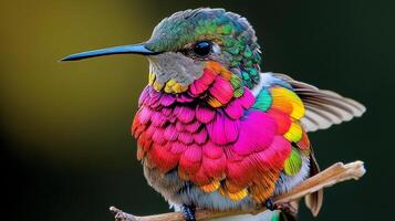 Hummingbird Trochilidae family Trochilidae perched a twig with iridescent feathers vibrant colors shimmering in light symbolizing tropical pollinators and ecological importance photo
