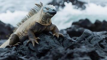 Marine Iguana Amblyrhynchus cristatus phylum Chordata class Reptilia order Squamata family Iguanidae sunbathing black lava rocks its textured skin blending with rugged ocean terrain photo