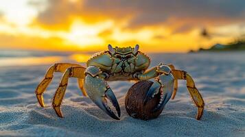 Coconut Crab Birgus latro phylum Arthropoda class Malacostraca order Decapoda family Coenobitidae crawling over sandy beach its claws gripping a fallen coconut under a tropical sunset photo