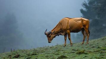 Indian Gaur Bos gaurus phylum Chordata class Mammalia order Artiodactyla family Bovidae grazing a misty hillside its muscular frame and curved horns highlighted by diffused morning light photo