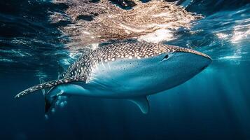 Whale Shark Rhincodon typus phylum Chordata class Chondrichthyes order Orectolobiformes family Rhincodontidae gliding beneath crystalclear waters spotted body glowing in sunlight photo