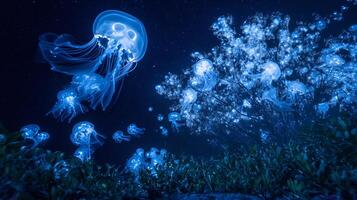 Jellyfish Aurelia aurita phylum Cnidaria class Scyphozoa order Semaeostomeae family Ulmaridae drifting through deep ocean bioluminescence their translucent body glowing softly photo