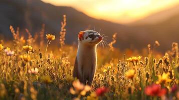Mountain Weasel Mustela altaica phylum Chordata class Mammalia order Carnivora family Mustelidae standing alert a highaltitude meadow surrounded by wildflowers glowing under a setting sun photo