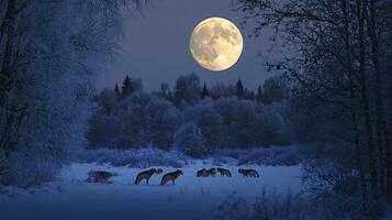 Wolves Canis lupus family Canidae silhouetted against full moon in a snowy forest their howls echoing through the night representing predator dynamics and wilderness habitats photo