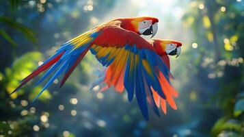 Scarlet Macaws Ara macao phylum Chordata class Aves order Psittaciformes family Psittacidae soaring above jungle canopy their feathers glowing under dawn light photo