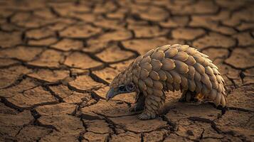 Pangolin Smutsia temminckii phylum Chordata class Mammalia order Pholidota family Manidae cautiously walking through cracked savanna soil armored scale catching sunlight highlighting unique adaptation photo
