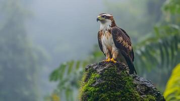 Philippine Eagle Pithecophaga jefferyi phylum Chordata class Aves order Accipitriformes family Accipitridae perched a rocky cliff edge its sharp beak and piercing eyes framed by misty rainforest photo