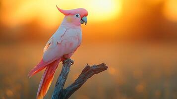 Pink Cockatoo Cacatua leadbeateri phylum Chordata class Aves order Psittaciformes family Cacatuidae perched a branch in the Australian outback its feathers glowing under a vibrant desert sunset photo