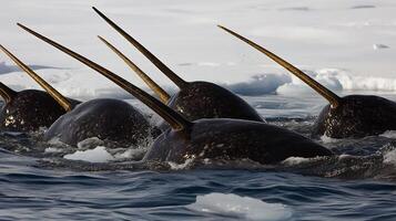 Pod of Narwhals Monodon monoceros phylum Chordata class Mammalia order Cetacea family Monodontidae swimming through icy Arctic waters their long tusks reflecting polar suns glow photo