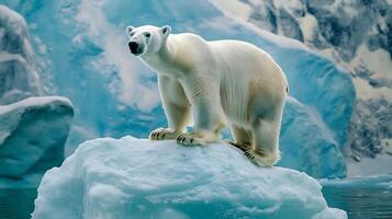 Polar Bear Ursus maritimus family Ursidae standing Arctic icebergs apex predator showcasing adaptation survival in polar ecosystems and wildlife conservation in icy habitats photo