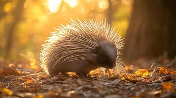 Porcupine Erethizon dorsatum phylum Chordata class Mammalia order Rodentia family Erethizontidae foraging a forest floor with quills glowing in golden hour light showcasing defensive adaptations photo