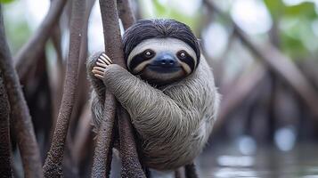Pygmy ThreeToed Sloth Bradypus pygmaeus phylum Chordata class Mammalia order Pilosa family Bradypodidae clinging a mangrove tree its gentle expression framed by roots photo