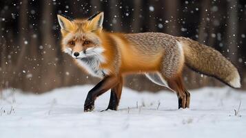 Red Fox Vulpes vulpes phylum Chordata class Mammalia order Carnivora family Canidae walking through snowcovered forest under faint starlight its fur glowing softly photo