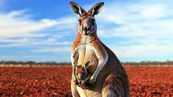 Red Kangaroo Macropus rufus family Macropodidae standing tall the Australian outback with a joey peeking from its pouch symbolizing resilience and marsupial wildlife in arid regions photo
