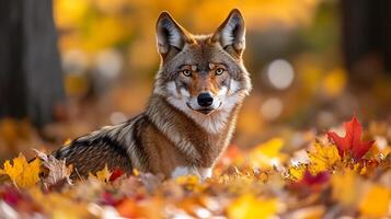 Red Wolf Canis rufus phylum Chordata class Mammalia order Carnivora family Canidae prowling through autumn forest its sleek coat blending with vibrant orange and yellow leaves photo