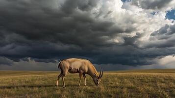 Saiga Antelope Saiga tatarica phylum Chordata class Mammalia order Artiodactyla family Bovidae grazing windswept steppe under stormy skies its distinct curved nose highlighted by soft light photo