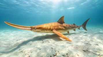 Sawfish Pristis pristis phylum Chordata class Chondrichthyes order Pristiformes family Pristidae gliding over sandy ocean floor its toothed rostrum glowing under rippled sunlight photo