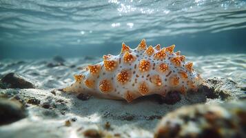 Sea Cucumber Holothuria atra phylum Echinodermata class Holothuroidea order Aspidochirotida family Holothuriidae resting tidal waters its textured body blending with sand and rocks photo