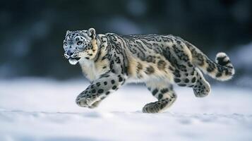 Snow Leopard Panthera uncia phylum Chordata class Mammalia order Carnivora family Felidae moving across glacial expanse its thick fur blending with the icy environment photo