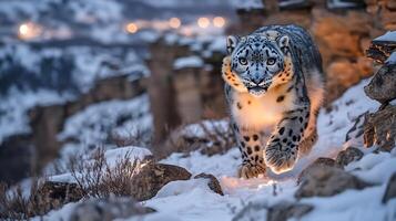 Snow Leopard Panthera uncia phylum Chordata class Mammalia order Carnivora family Felidae prowling along rocky canyon under moonlight its thick fur glowing faintly photo