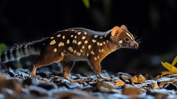 Spotted Quoll Dasyurus maculatus phylum Chordata class Mammalia order Dasyuromorphia family Dasyuridae walking along rocky forest trail under moonlight its dappled coat blending into shadows photo