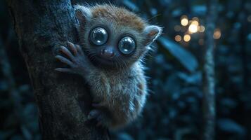 Sunda Slow Loris Nycticebus coucang phylum Chordata class Mammalia order Primates family Lorisidae clinging a branch in a moonlit jungle its large reflective eyes glowing softly photo