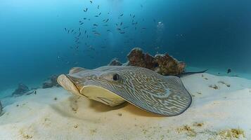 Thornback Ray Raja clavata phylum Chordata class Chondrichthyes order Rajiformes family Rajidae resting the sandy seabed its patterned skin blending into the ocean floor surrounded by small fish photo