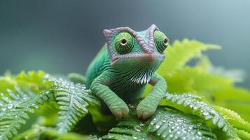 Dwarf Chameleon Bradypodion pumilum phylum Chordata class Reptilia order Squamata family Chamaeleonidae perched dewy fern a misty cloud forest its vibrant green scales blending into lush surroundings photo