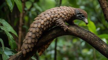 Tree Pangolin Phataginus tricuspis phylum Chordata class Mammalia order Pholidota family Manidae climbing rainforest branch its scaled body shimmering in filtered sunlight photo