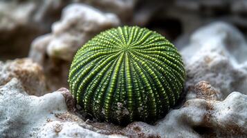 Green Sea Urchin Strongylocentrotus droebachiensis phylum Echinodermata class Echinoidea order Echinoida family Strongylocentrotidae nestled a tide pool its spines glowing in soft light photo
