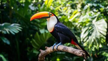 Toucan Ramphastos sulfuratus phylum Chordata class Aves order Piciformes family Ramphastidae perched a rainforest branch its colorful beak vividly contrasting with dense tropical foliage photo