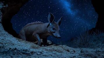 Aardvark Orycteropus afer phylum Chordata class Mammalia order Tubulidentata family Orycteropodidae cautiously emerging a burrow under a starry sky framed by moonlit arid landscapes photo