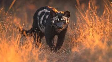 African Civet Civettictis civetta phylum Chordata class Mammalia order Carnivora family Viverridae stalking through tall grass dusk its black and white patterns blending into the shadows photo