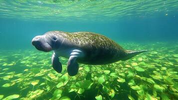 Amazonian Manatee Trichechus inunguis phylum Chordata class Mammalia order Sirenia family Trichechidae swimming lazily a quiet lagoon its smooth body creating gentle ripples photo