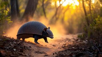 Armadillo Dasypus novemcinctus phylum Chordata class Mammalia order Cingulata family Dasypodidae crossing dusty forest trail at sunset textured shell catching warm golden light photo