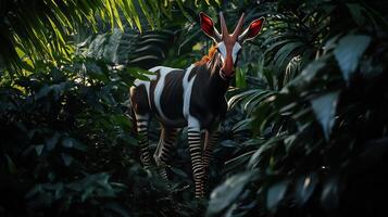 Okapi Okapia johnstoni phylum Chordata class Mammalia order Artiodactyla family Giraffidae standing amidst dense jungle foliage striped legs blending dappled sunlight in tropical habitats photo