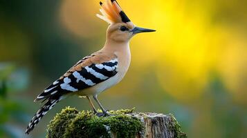 Eurasian Hoopoe Upupa epops phylum Chordata class Aves order Bucerotiformes family Upupidae perched a mossy stump its raised crest glowing under sunlight in an open meadow photo
