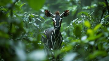 Okapi Okapia johnstoni phylum Chordata class Mammalia order Artiodactyla family Giraffidae emerging misty rainforest foliage its striped legs blending into dense greenery illuminated by soft light photo