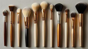 Set of various makeup brushes arranged neatly a mockup display photo