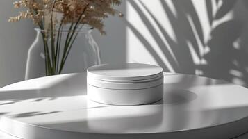 Compact powder case mockup standing tall a pristine white surface photo