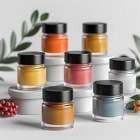 Mockup displaying assortment of lip balms on a pristine white background photo